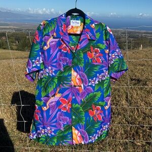 Vintage 70s Kai Nani Hawaii blue Purple Bird Aloha Shirt Magnum PI